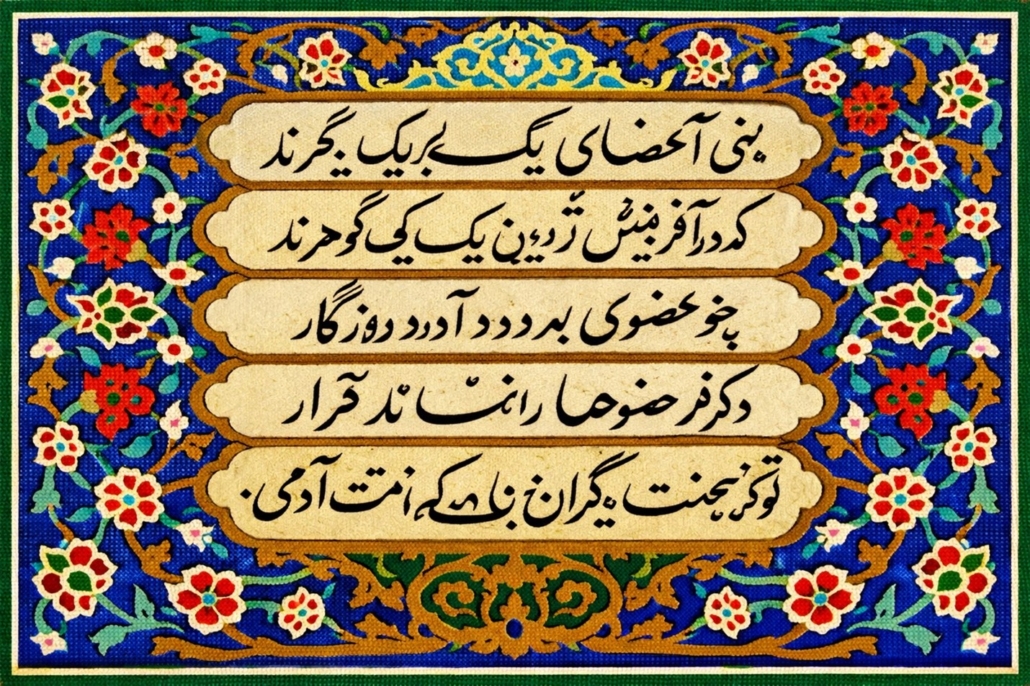 Saʿdī (13th century), “Bani Adam.” Persian calligraphy, artist and date unknown *