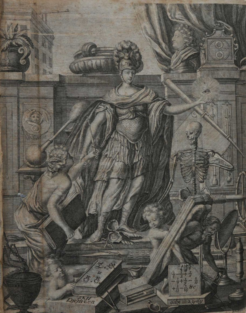 Frontispiece to Miscellanea Berolinensia ad incrementum scientiarum (1710) inc. a tiny model of Leibniz’s calculator