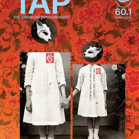 TAP Magazine 60.1 cover image with a rust orange brown background and an adult and child figure holding hands with detached wolf masks as heads